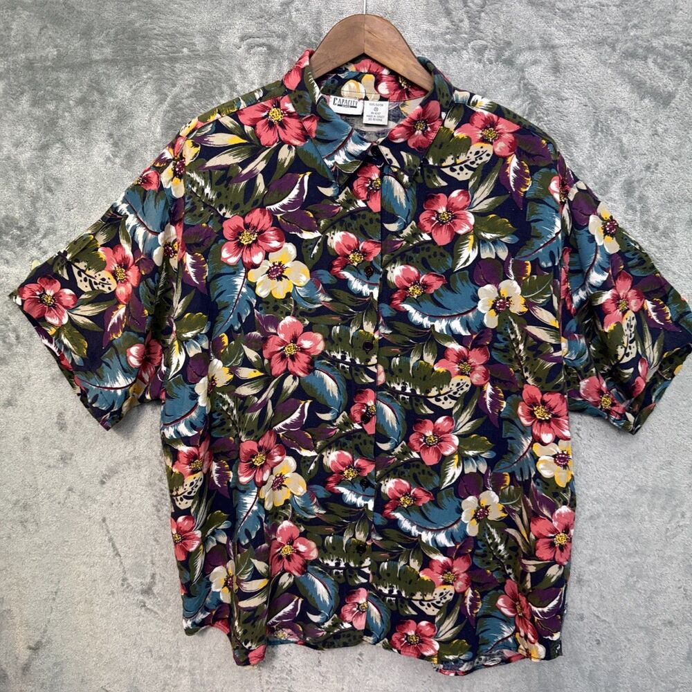 Capacity Woman Blouse 2x garden floral rayon vintage button shoulder pads tunic